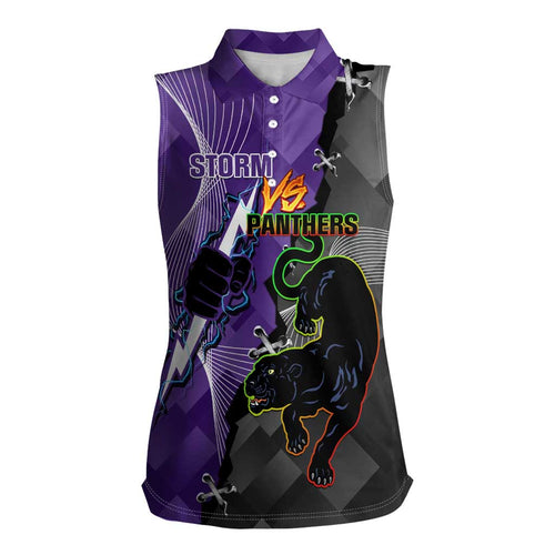 Personalised Storm And Panthers Rugby 2024 Women Sleeveless Polo Shirt Go Champions Grand Final Dynamic Style