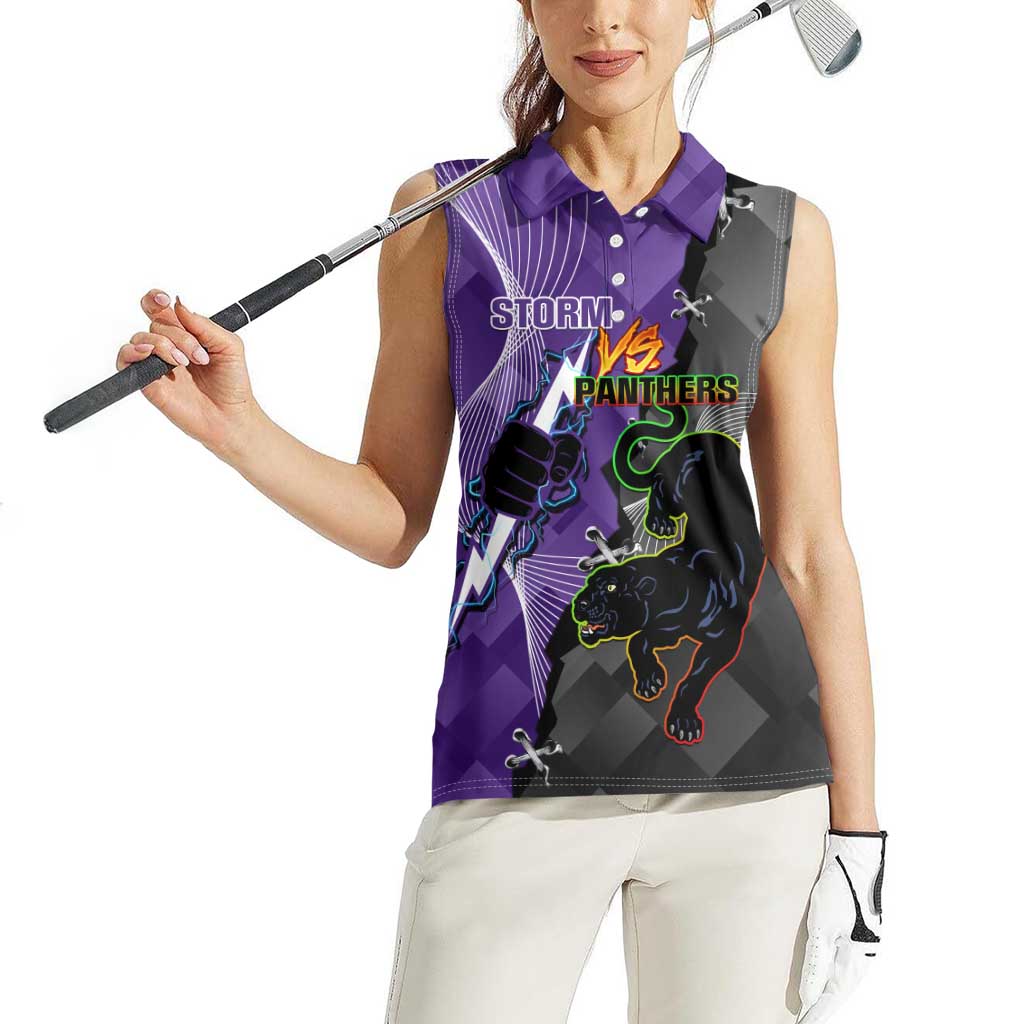 Personalised Storm And Panthers Rugby 2024 Women Sleeveless Polo Shirt Go Champions Grand Final Dynamic Style