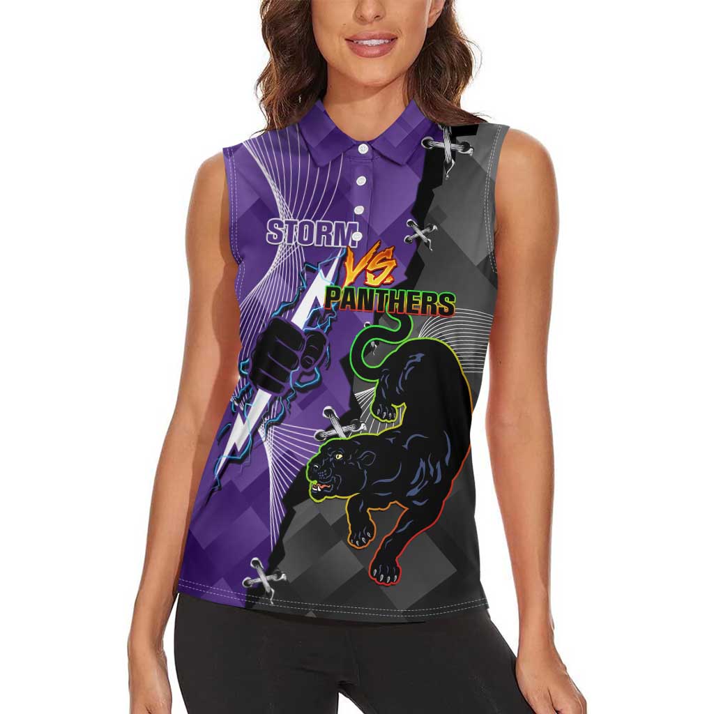 Personalised Storm And Panthers Rugby 2024 Women Sleeveless Polo Shirt Go Champions Grand Final Dynamic Style