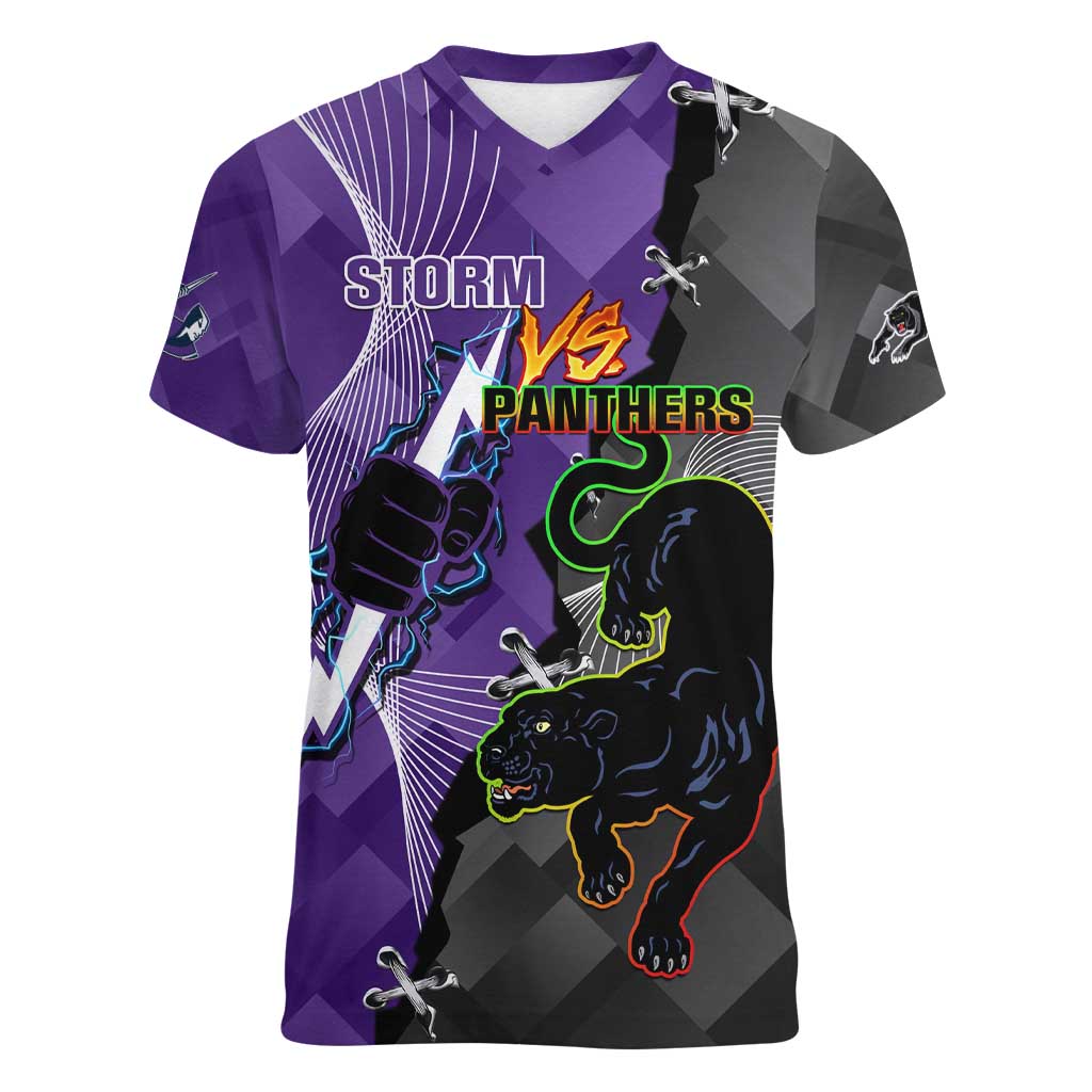 Personalised Storm And Panthers Rugby 2024 Women V-Neck T-Shirt Go Champions Grand Final Dynamic Style