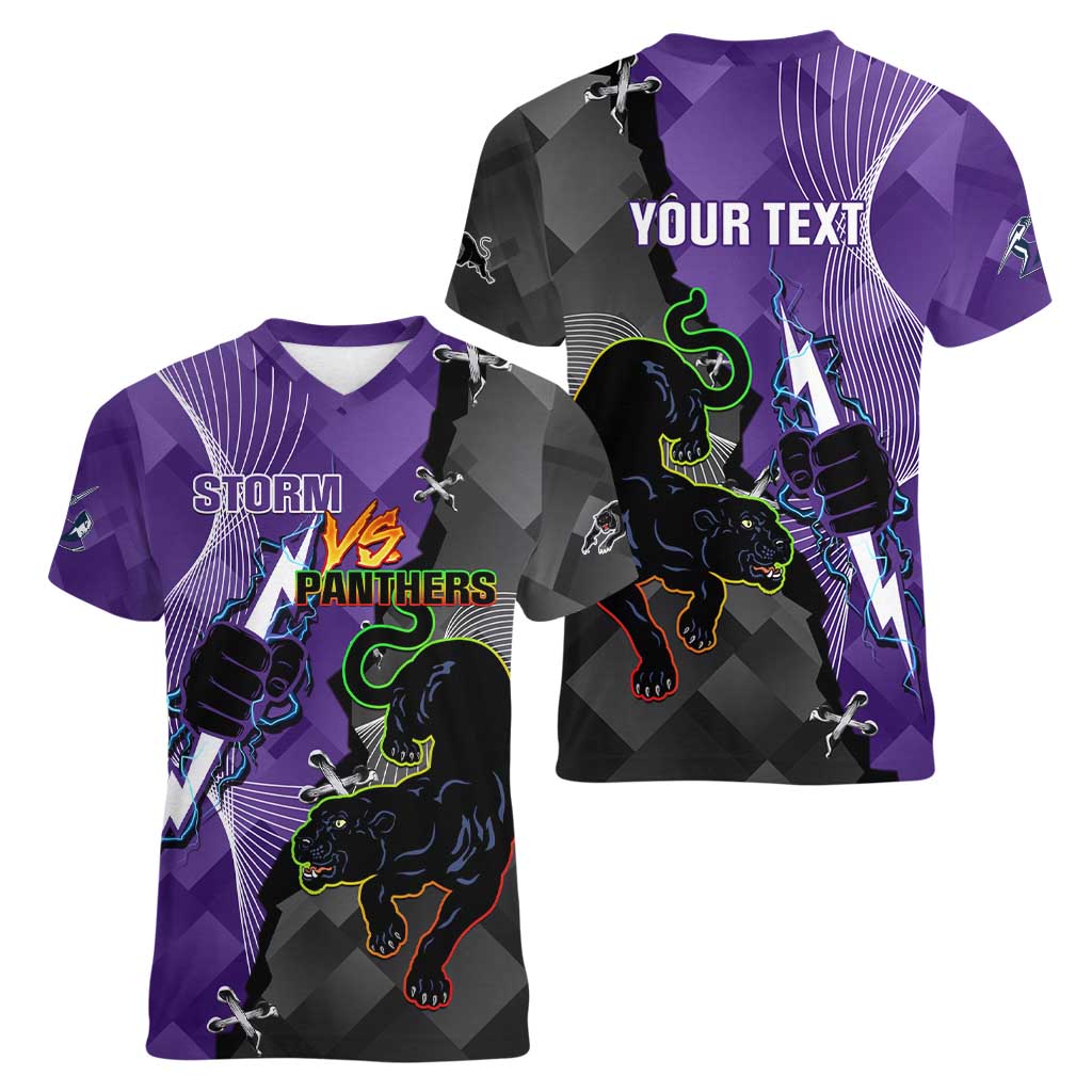 Personalised Storm And Panthers Rugby 2024 Women V-Neck T-Shirt Go Champions Grand Final Dynamic Style