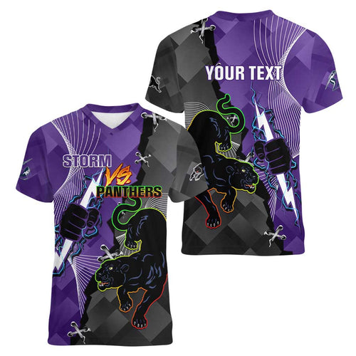 Personalised Storm And Panthers Rugby 2024 Women V-Neck T-Shirt Go Champions Grand Final Dynamic Style