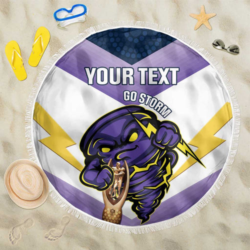 Personalised Storm Rugby 2024 Beach Blanket Mascot With Trophy Go Champions Aboriginal Art