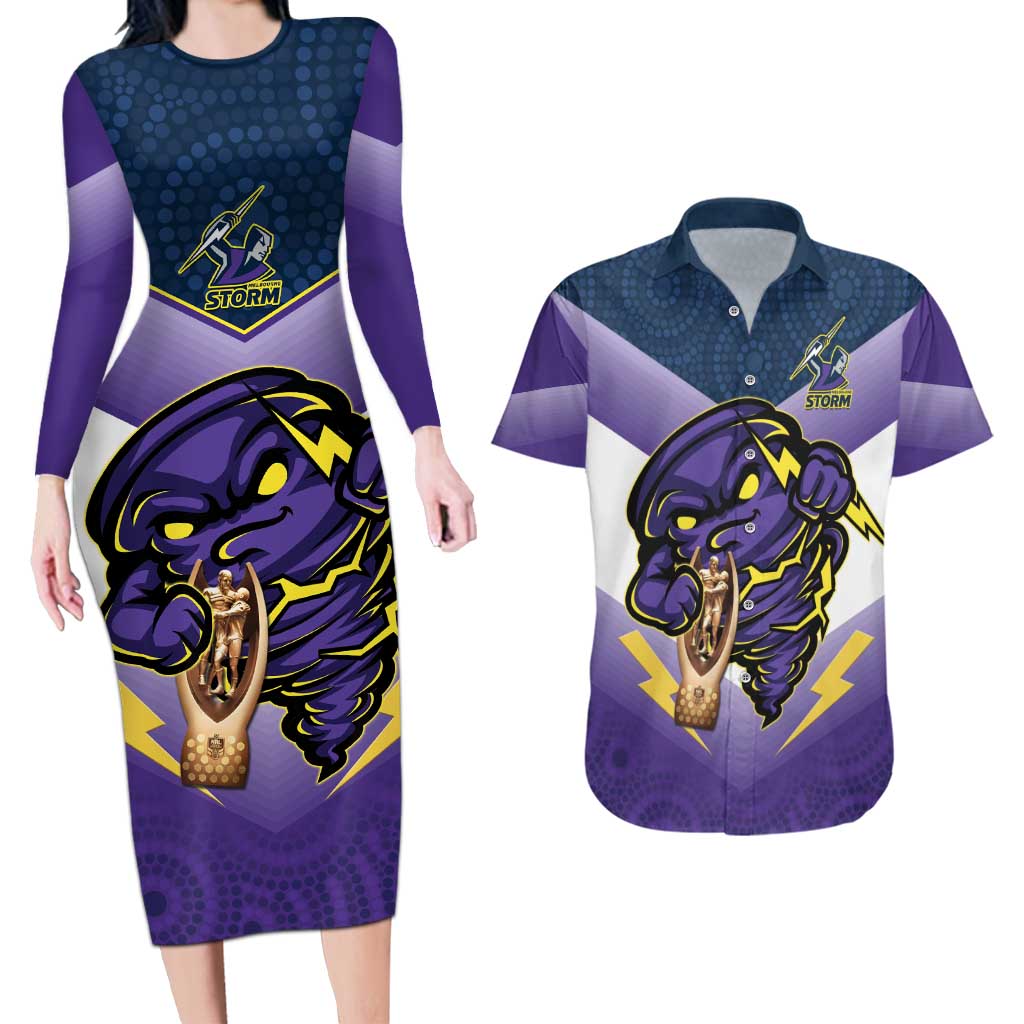 Personalised Storm Rugby 2024 Couples Matching Long Sleeve Bodycon Dress and Hawaiian Shirt Mascot With Trophy Go Champions Aboriginal Art