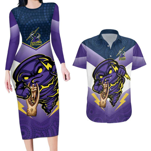 Personalised Storm Rugby 2024 Couples Matching Long Sleeve Bodycon Dress and Hawaiian Shirt Mascot With Trophy Go Champions Aboriginal Art
