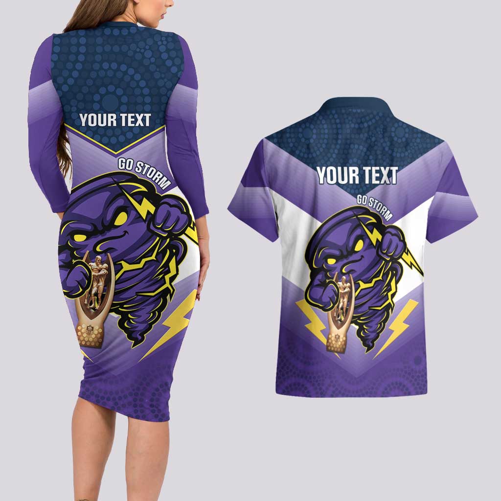 Personalised Storm Rugby 2024 Couples Matching Long Sleeve Bodycon Dress and Hawaiian Shirt Mascot With Trophy Go Champions Aboriginal Art