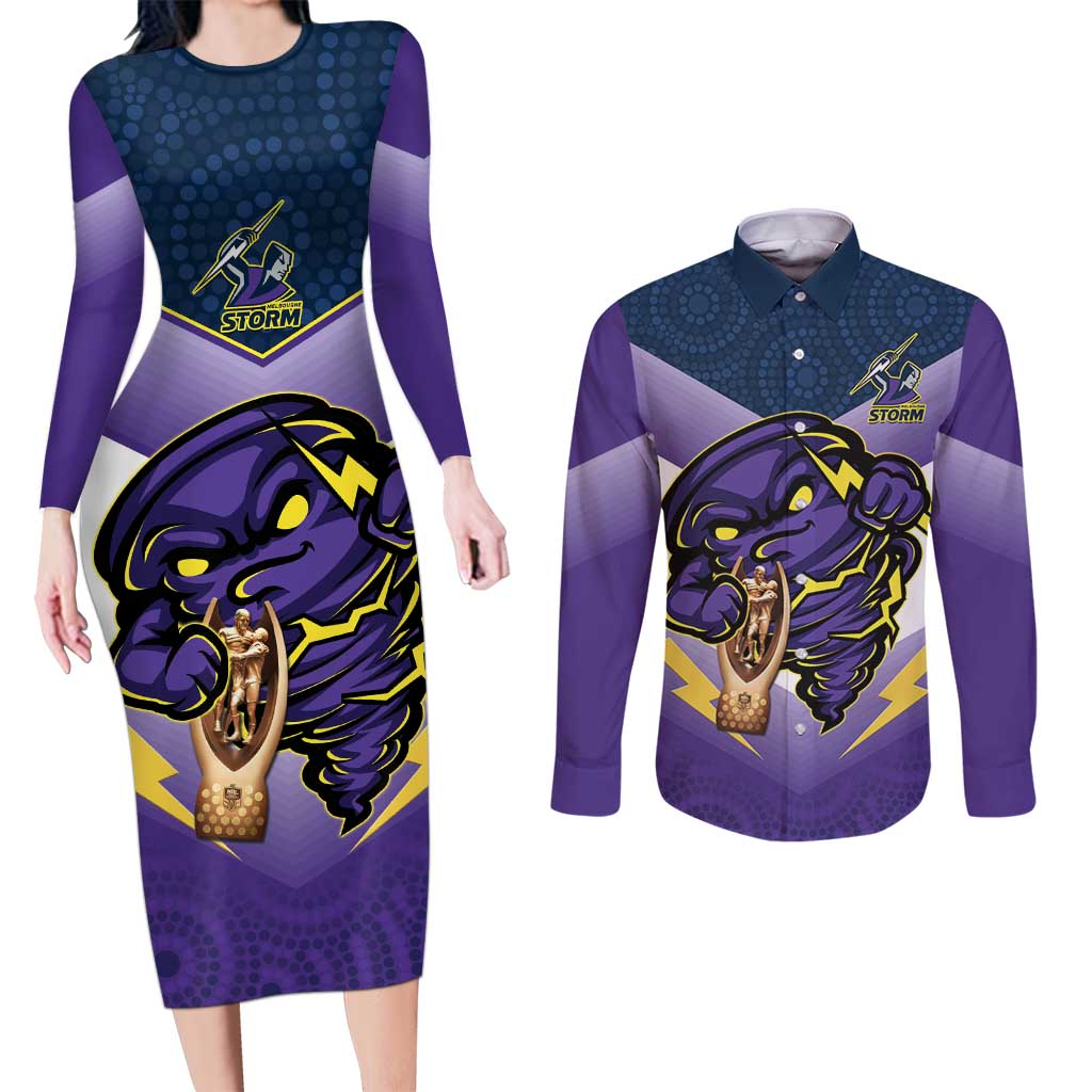 Personalised Storm Rugby 2024 Couples Matching Long Sleeve Bodycon Dress and Long Sleeve Button Shirt Mascot With Trophy Go Champions Aboriginal Art
