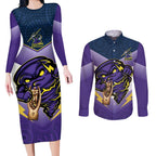 Personalised Storm Rugby 2024 Couples Matching Long Sleeve Bodycon Dress and Long Sleeve Button Shirt Mascot With Trophy Go Champions Aboriginal Art