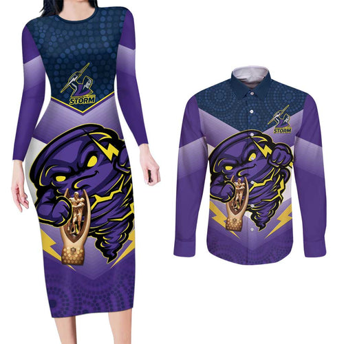 Personalised Storm Rugby 2024 Couples Matching Long Sleeve Bodycon Dress and Long Sleeve Button Shirt Mascot With Trophy Go Champions Aboriginal Art