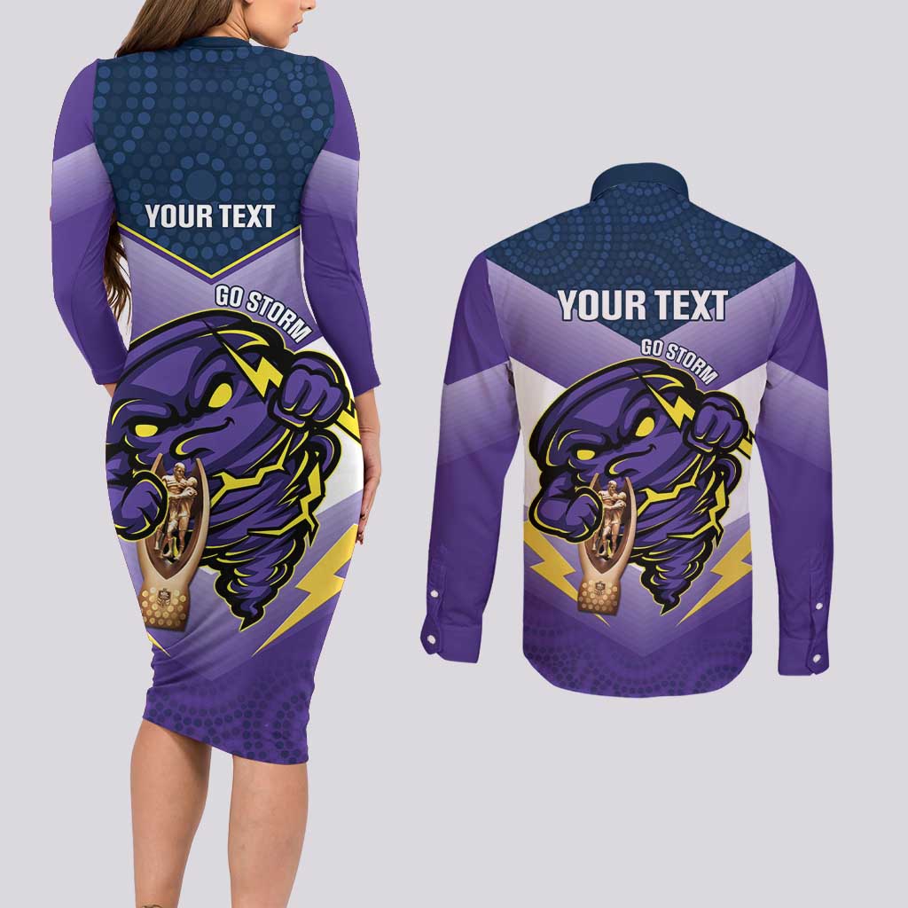 Personalised Storm Rugby 2024 Couples Matching Long Sleeve Bodycon Dress and Long Sleeve Button Shirt Mascot With Trophy Go Champions Aboriginal Art