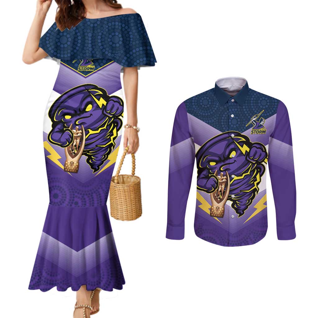 Personalised Storm Rugby 2024 Couples Matching Mermaid Dress and Long Sleeve Button Shirt Mascot With Trophy Go Champions Aboriginal Art