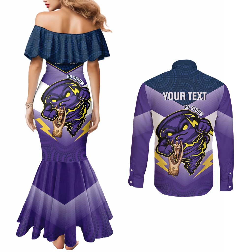 Personalised Storm Rugby 2024 Couples Matching Mermaid Dress and Long Sleeve Button Shirt Mascot With Trophy Go Champions Aboriginal Art