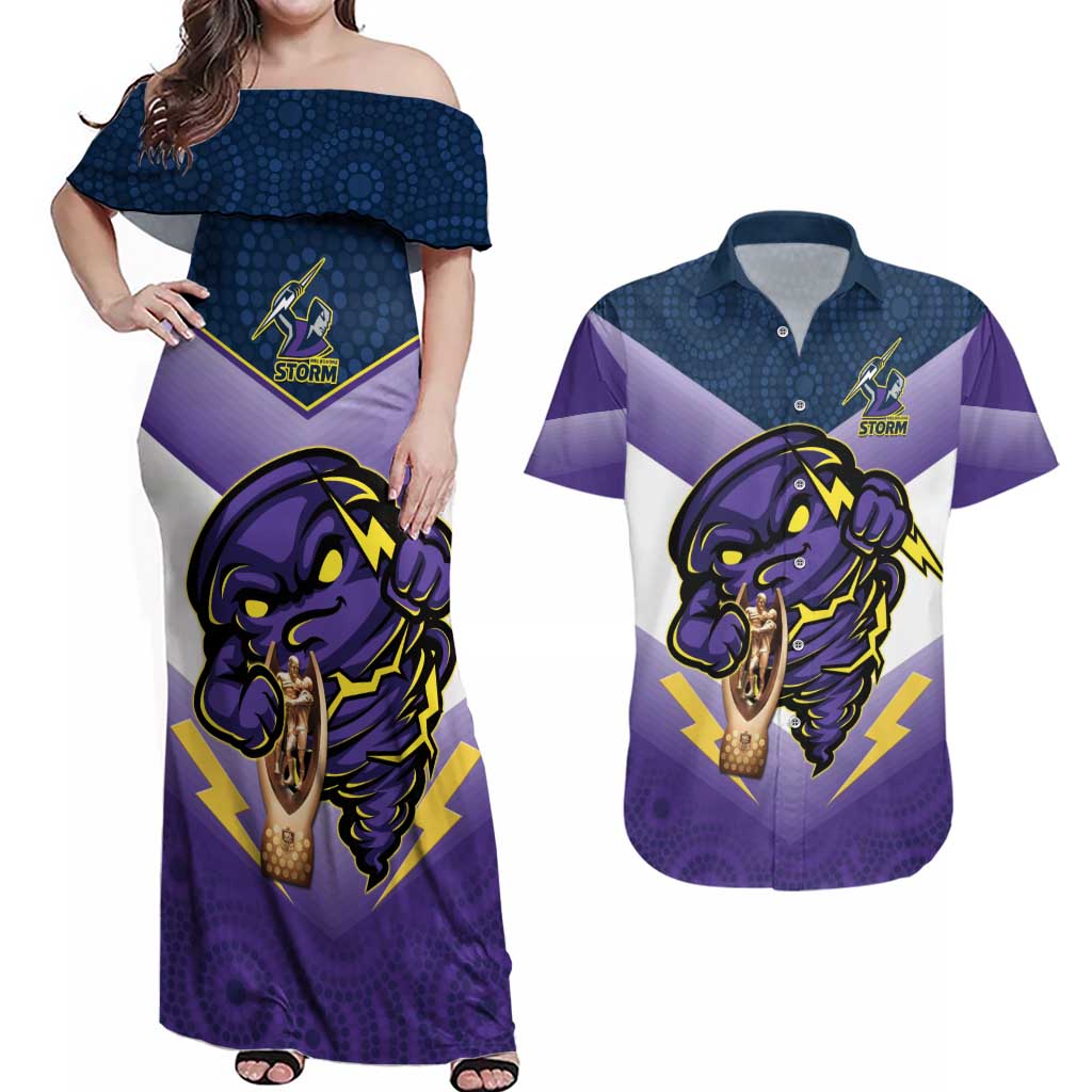Personalised Storm Rugby 2024 Couples Matching Off Shoulder Maxi Dress and Hawaiian Shirt Mascot With Trophy Go Champions Aboriginal Art