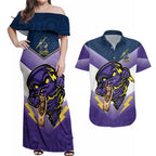 Personalised Storm Rugby 2024 Couples Matching Off Shoulder Maxi Dress and Hawaiian Shirt Mascot With Trophy Go Champions Aboriginal Art