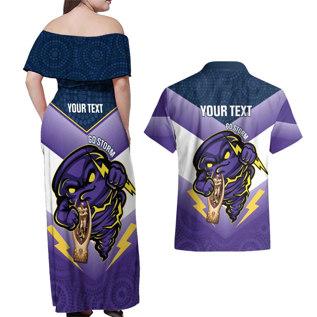 Personalised Storm Rugby 2024 Couples Matching Off Shoulder Maxi Dress and Hawaiian Shirt Mascot With Trophy Go Champions Aboriginal Art