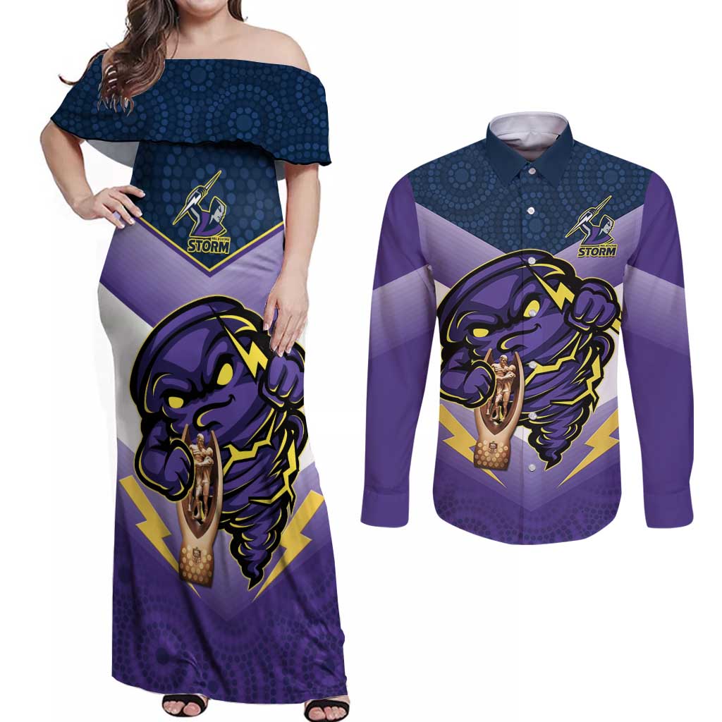 Personalised Storm Rugby 2024 Couples Matching Off Shoulder Maxi Dress and Long Sleeve Button Shirt Mascot With Trophy Go Champions Aboriginal Art