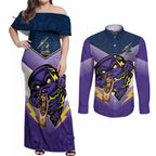 Personalised Storm Rugby 2024 Couples Matching Off Shoulder Maxi Dress and Long Sleeve Button Shirt Mascot With Trophy Go Champions Aboriginal Art