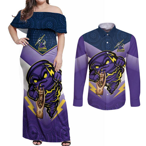 Personalised Storm Rugby 2024 Couples Matching Off Shoulder Maxi Dress and Long Sleeve Button Shirt Mascot With Trophy Go Champions Aboriginal Art