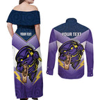 Personalised Storm Rugby 2024 Couples Matching Off Shoulder Maxi Dress and Long Sleeve Button Shirt Mascot With Trophy Go Champions Aboriginal Art