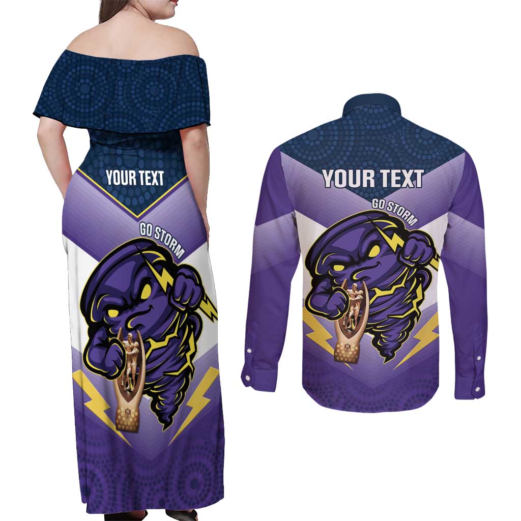 Personalised Storm Rugby 2024 Couples Matching Off Shoulder Maxi Dress and Long Sleeve Button Shirt Mascot With Trophy Go Champions Aboriginal Art