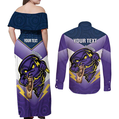 Personalised Storm Rugby 2024 Couples Matching Off Shoulder Maxi Dress and Long Sleeve Button Shirt Mascot With Trophy Go Champions Aboriginal Art
