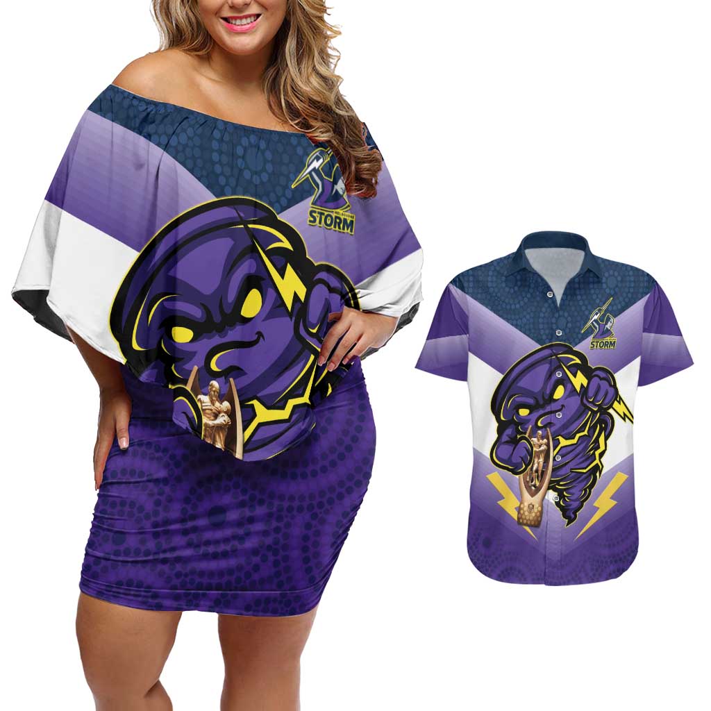 Personalised Storm Rugby 2024 Couples Matching Off Shoulder Short Dress and Hawaiian Shirt Mascot With Trophy Go Champions Aboriginal Art