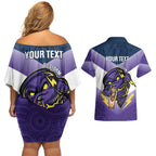 Personalised Storm Rugby 2024 Couples Matching Off Shoulder Short Dress and Hawaiian Shirt Mascot With Trophy Go Champions Aboriginal Art