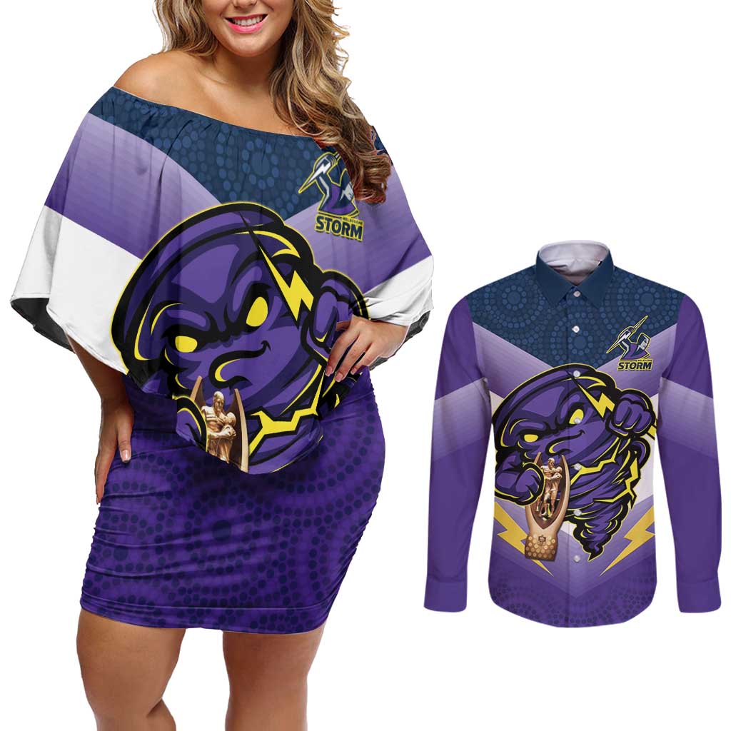 Personalised Storm Rugby 2024 Couples Matching Off Shoulder Short Dress and Long Sleeve Button Shirt Mascot With Trophy Go Champions Aboriginal Art