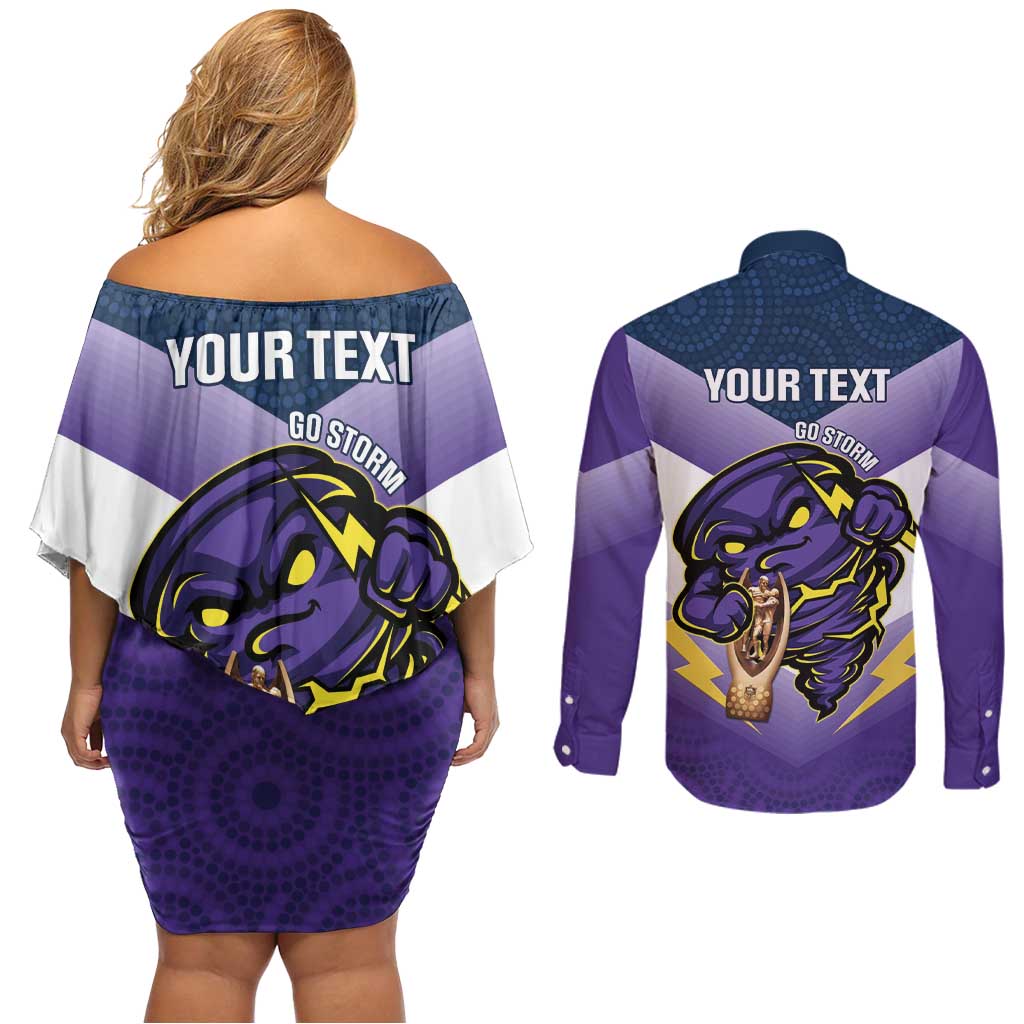 Personalised Storm Rugby 2024 Couples Matching Off Shoulder Short Dress and Long Sleeve Button Shirt Mascot With Trophy Go Champions Aboriginal Art