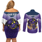 Personalised Storm Rugby 2024 Couples Matching Off Shoulder Short Dress and Long Sleeve Button Shirt Mascot With Trophy Go Champions Aboriginal Art