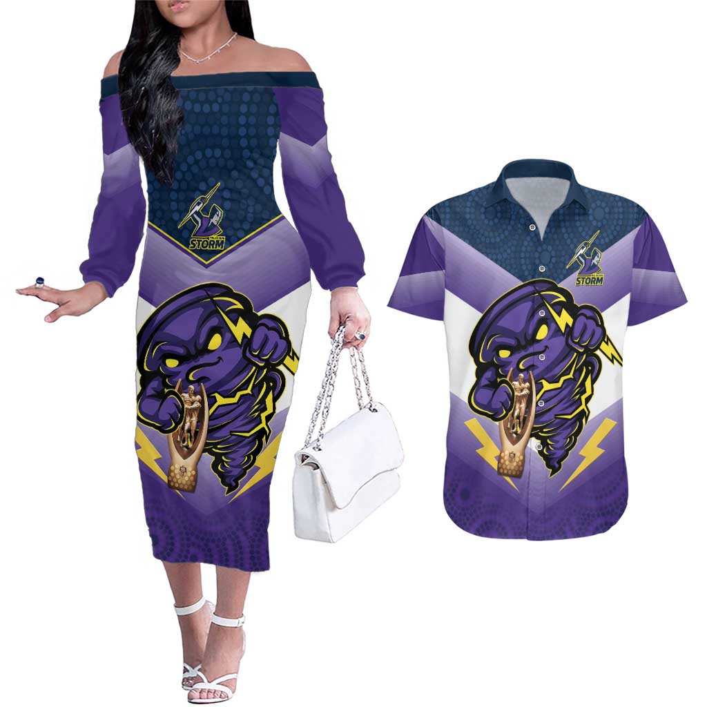 Personalised Storm Rugby 2024 Couples Matching Off The Shoulder Long Sleeve Dress and Hawaiian Shirt Mascot With Trophy Go Champions Aboriginal Art