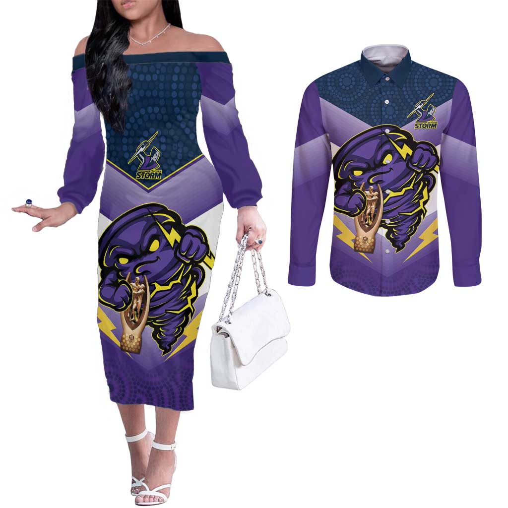 Personalised Storm Rugby 2024 Couples Matching Off The Shoulder Long Sleeve Dress and Long Sleeve Button Shirt Mascot With Trophy Go Champions Aboriginal Art