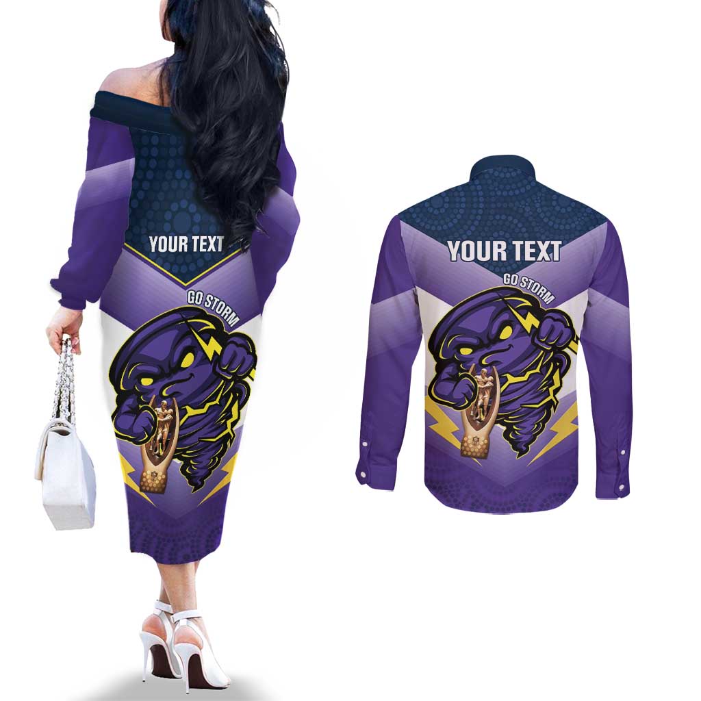 Personalised Storm Rugby 2024 Couples Matching Off The Shoulder Long Sleeve Dress and Long Sleeve Button Shirt Mascot With Trophy Go Champions Aboriginal Art