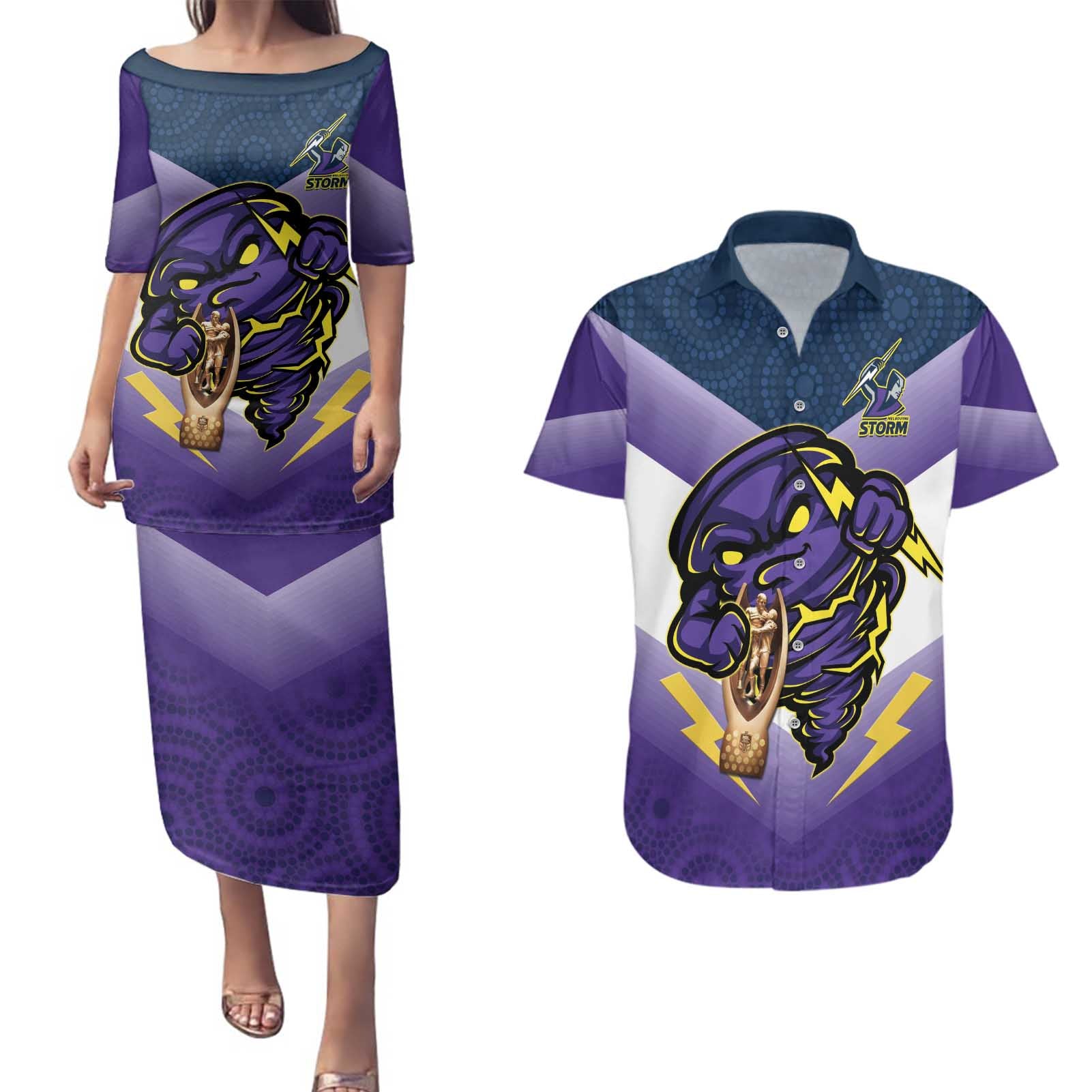 Personalised Storm Rugby 2024 Couples Matching Puletasi and Hawaiian Shirt Mascot With Trophy Go Champions Aboriginal Art