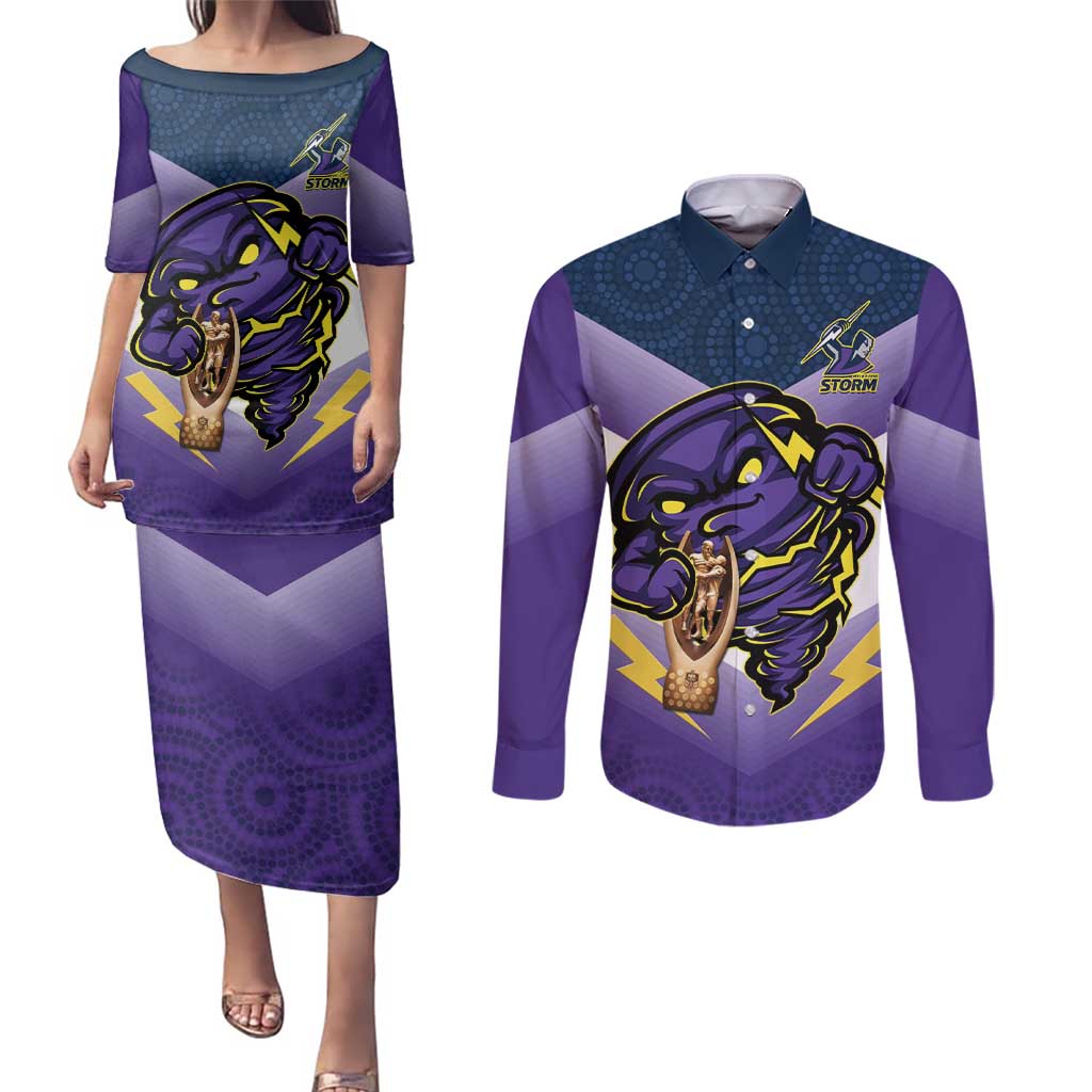 Personalised Storm Rugby 2024 Couples Matching Puletasi and Long Sleeve Button Shirt Mascot With Trophy Go Champions Aboriginal Art
