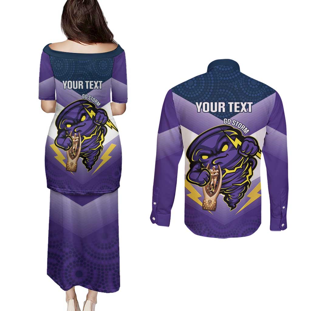 Personalised Storm Rugby 2024 Couples Matching Puletasi and Long Sleeve Button Shirt Mascot With Trophy Go Champions Aboriginal Art