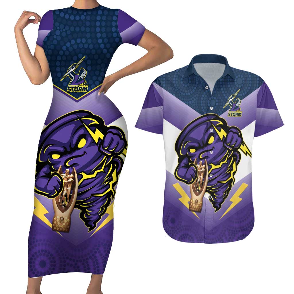 Personalised Storm Rugby 2024 Couples Matching Short Sleeve Bodycon Dress and Hawaiian Shirt Mascot With Trophy Go Champions Aboriginal Art