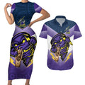Personalised Storm Rugby 2024 Couples Matching Short Sleeve Bodycon Dress and Hawaiian Shirt Mascot With Trophy Go Champions Aboriginal Art