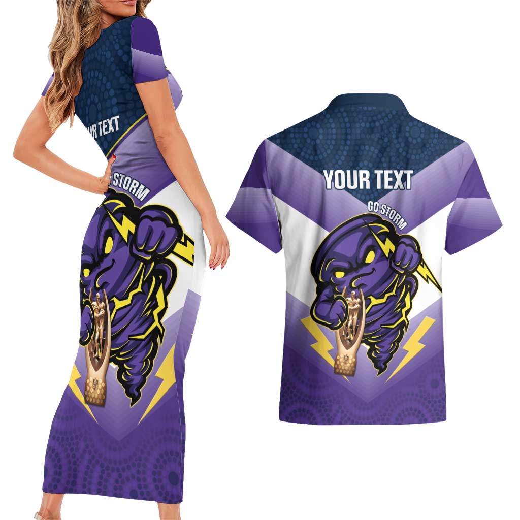 Personalised Storm Rugby 2024 Couples Matching Short Sleeve Bodycon Dress and Hawaiian Shirt Mascot With Trophy Go Champions Aboriginal Art