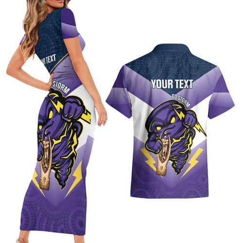 Personalised Storm Rugby 2024 Couples Matching Short Sleeve Bodycon Dress and Hawaiian Shirt Mascot With Trophy Go Champions Aboriginal Art
