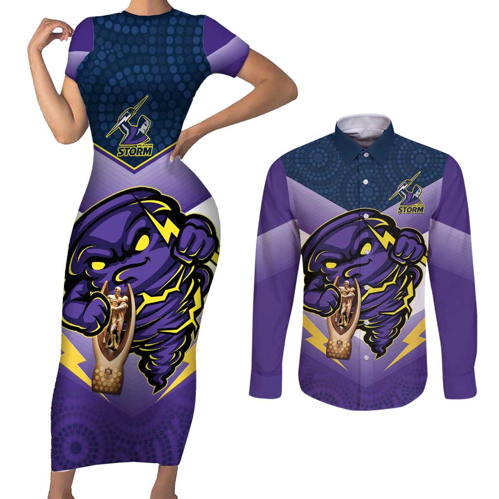 Personalised Storm Rugby 2024 Couples Matching Short Sleeve Bodycon Dress and Long Sleeve Button Shirt Mascot With Trophy Go Champions Aboriginal Art