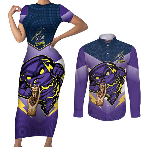 Personalised Storm Rugby 2024 Couples Matching Short Sleeve Bodycon Dress and Long Sleeve Button Shirt Mascot With Trophy Go Champions Aboriginal Art