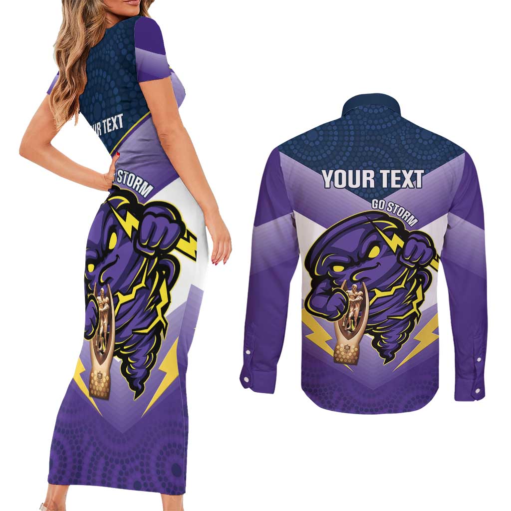 Personalised Storm Rugby 2024 Couples Matching Short Sleeve Bodycon Dress and Long Sleeve Button Shirt Mascot With Trophy Go Champions Aboriginal Art