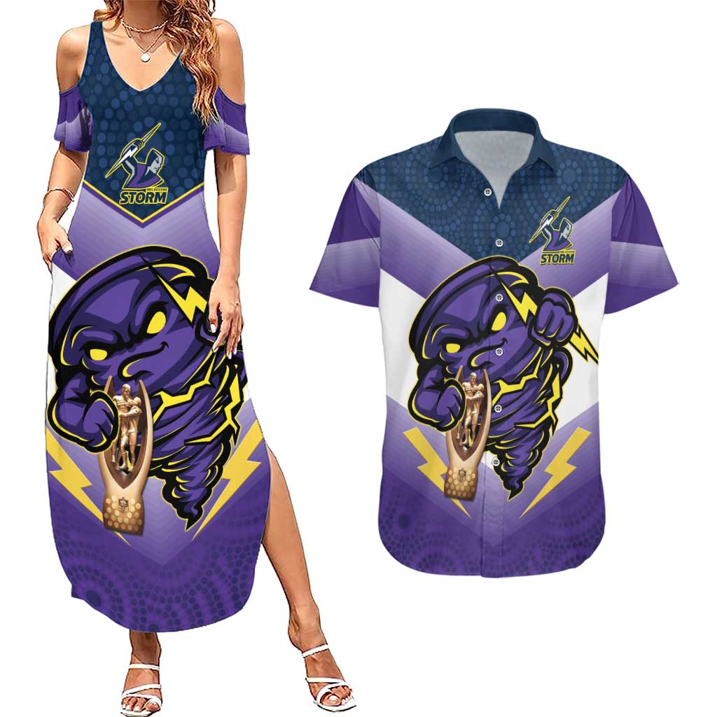 Personalised Storm Rugby 2024 Couples Matching Summer Maxi Dress and Hawaiian Shirt Mascot With Trophy Go Champions Aboriginal Art