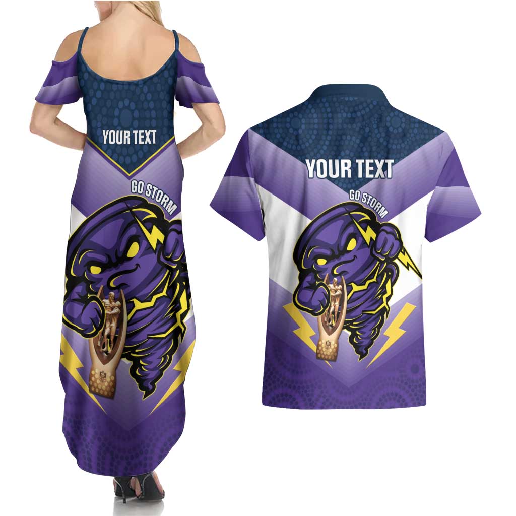 Personalised Storm Rugby 2024 Couples Matching Summer Maxi Dress and Hawaiian Shirt Mascot With Trophy Go Champions Aboriginal Art