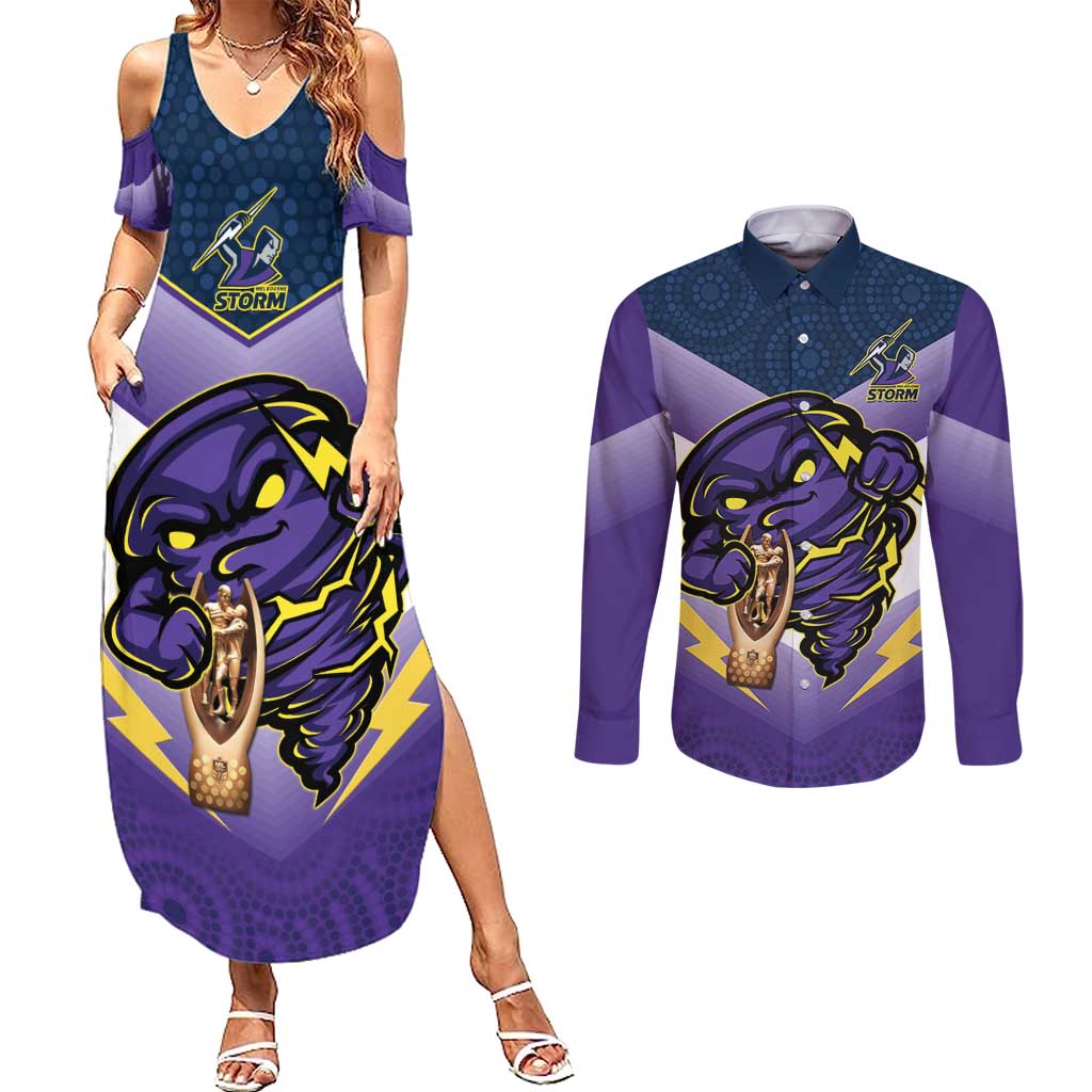 Personalised Storm Rugby 2024 Couples Matching Summer Maxi Dress and Long Sleeve Button Shirt Mascot With Trophy Go Champions Aboriginal Art