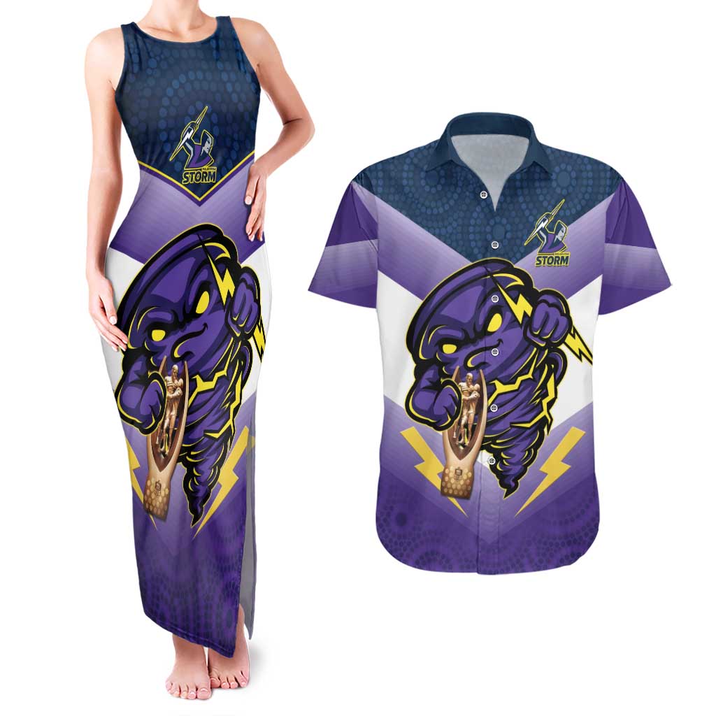 Personalised Storm Rugby 2024 Couples Matching Tank Maxi Dress and Hawaiian Shirt Mascot With Trophy Go Champions Aboriginal Art