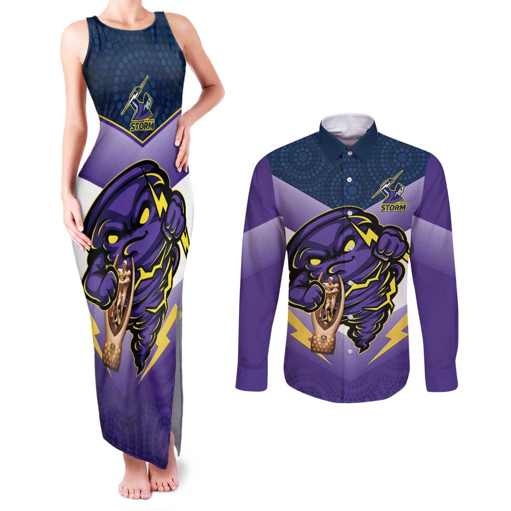 Personalised Storm Rugby 2024 Couples Matching Tank Maxi Dress and Long Sleeve Button Shirt Mascot With Trophy Go Champions Aboriginal Art