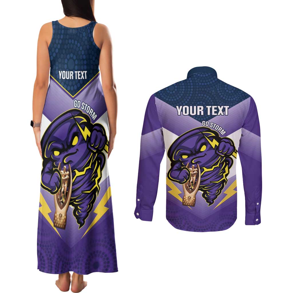 Personalised Storm Rugby 2024 Couples Matching Tank Maxi Dress and Long Sleeve Button Shirt Mascot With Trophy Go Champions Aboriginal Art