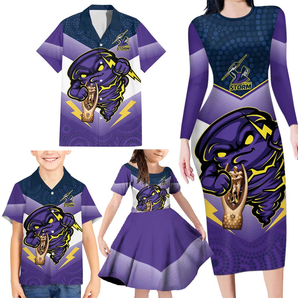 Personalised Storm Rugby 2024 Family Matching Long Sleeve Bodycon Dress and Hawaiian Shirt Mascot With Trophy Go Champions Aboriginal Art